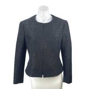 Anne Klein Womens Black Tweed Sequin Round Neck Zip Up Suit Blazer Coat Jacket 8